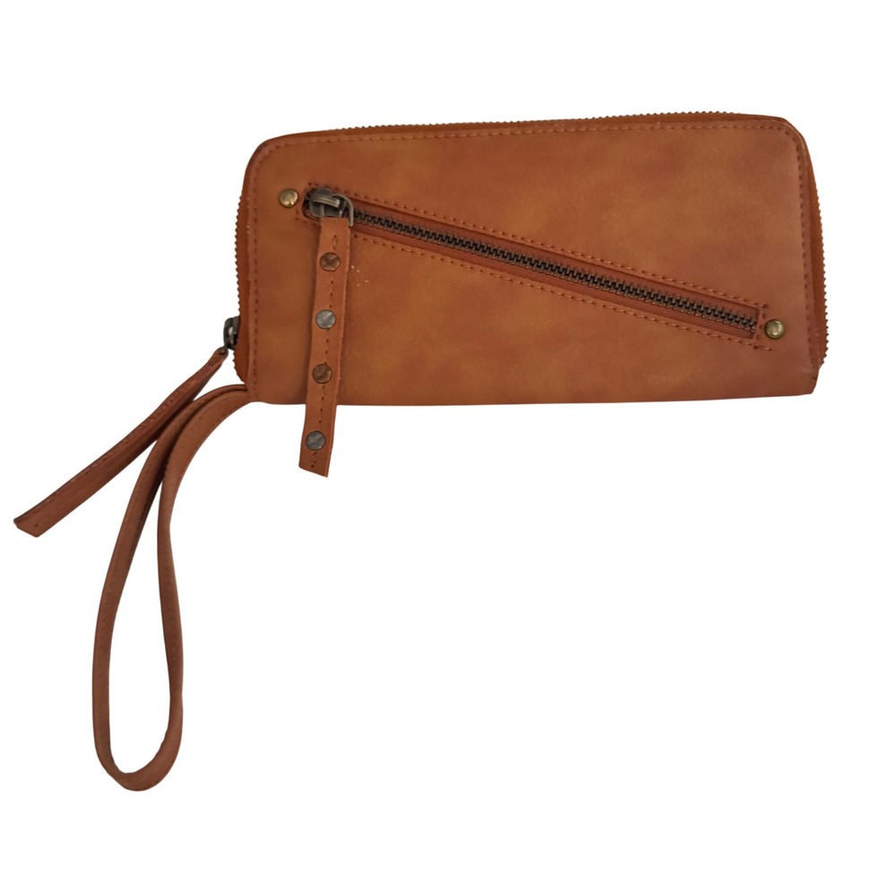Free People Vegan Leather Wallet Wristlet Zip Around Clutch Brown‎ 8x4" EUC